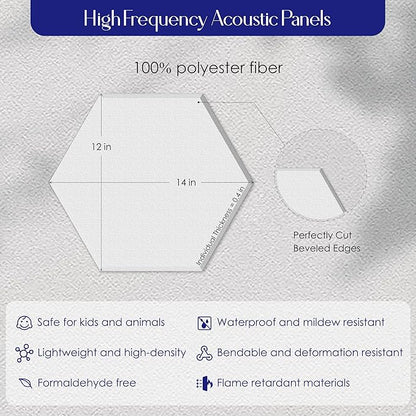 Reverbeon Hexagon Acoustic Panels Pack of 12 - Soundproofing Wall Panels with Nano Double-Sided Tape, White Polyester Sound Absorbing & Noise Reducing Panels 14x12x0.4In for Studio Home Office Walls