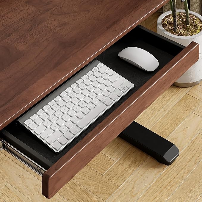 ONBRILL Standing Desk with Drawer, 55x23.6 Inches Solid Wood Desktop Stand Up Desk with Whole-Piece Board and Storage Shelf, Adjustable Height from 28-46 Inches for Home & Office, Black Walnut