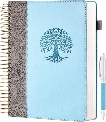 Spiral Notebook Wide Ruled Leather Journal for Women, 300 Pages, 7X10,Blue | Large Notebooks for School Office, Note Taking Notebooks for Writing Lined Notebook with Tabs Pockets Pen Holder