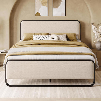 Queen Metal Bed Frame with Upholstered, Beige