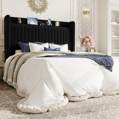 Queen Size Velvet Bed Frame with Shelf, Charging Station, Black