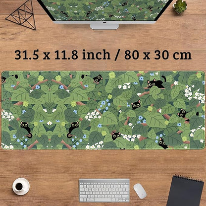 Green Mousepad Desk Mat Cute Anime Black Cat Kawaii Mouse Pad Gaming XL Large Extended Sage Leaves Desk Matt for Desktop, Computer Keyboard Mouse Mat for Women Office Decor Accessories 31.5x11.8 in