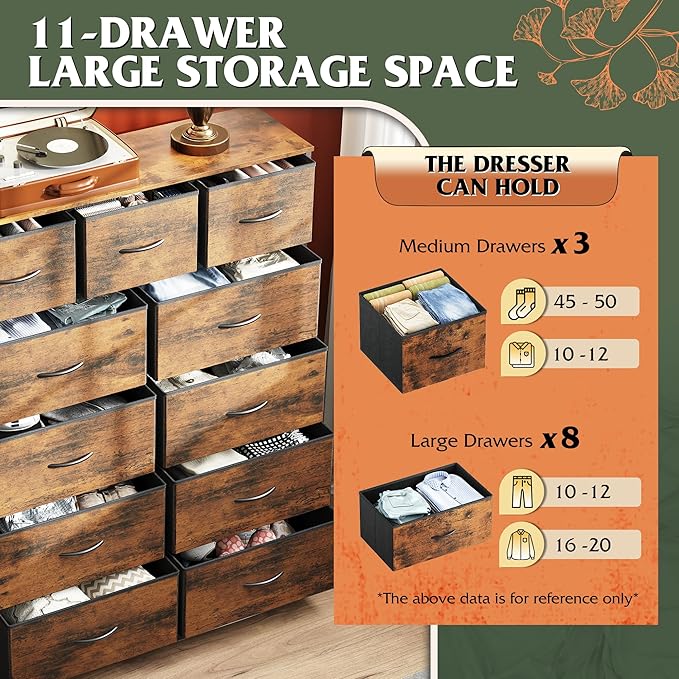 WLIVE Tall Dresser for Bedroom, Fabric Dressers Storage Tower, Dresser & Chest of Drawers Organizer Unit with 11 Drawers, Storage Cabinet, Hallway, Closets, Steel Frame, Wood Top, Rustic Brown