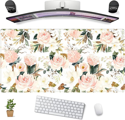 Desk Mat Pink Floral Desk Pad Cute Flowers Mouse Pad Gaming XL Large Mousepad Green Leaves Desk Matt for Desktop, Computer Laptop Keyboard Mouse Mat for Women Office Decor Accessories 31.5x15.7 in
