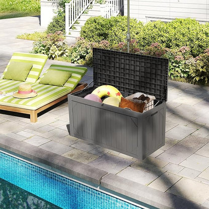 Decksplore 100 Gallon Outdoor Storage Box Waterproof, Lockable Resin Deck Box Patio Storage Bin for Pool Accessories Cushion Furniture, Garden Tools, UV-Resistant Outside Delivery, Grey