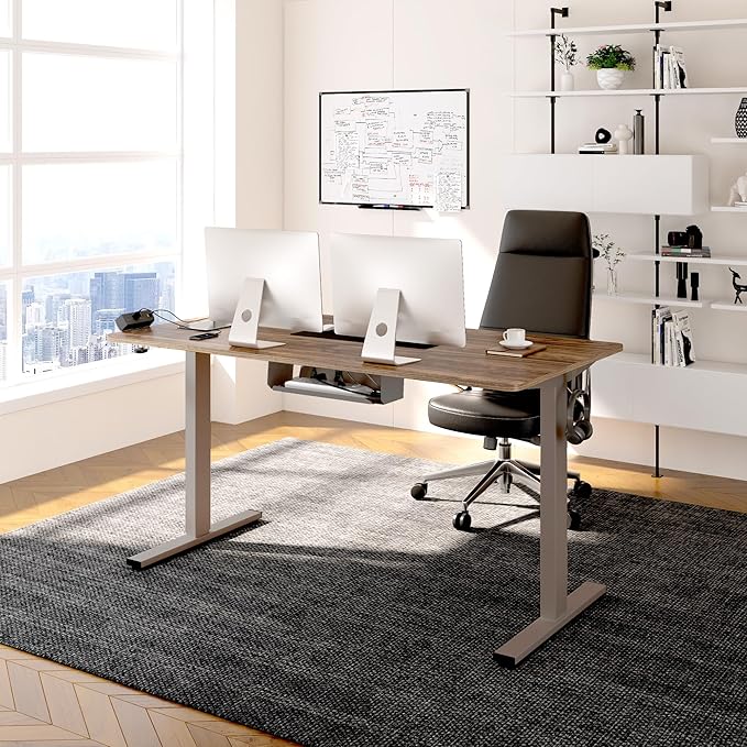 FLEXISPOT EN2 Whole-Piece Standing Desk with Clamp Power Strip, 48 x 30 Electric Stand Up Height Adjustable Desk with Cable Management (Gray Frame + 48" Black Walnut Desktop, 2 Packages)