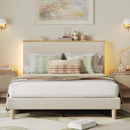 Queen Bed Frame with Storage Headboard & LED, Upholstered, Beige