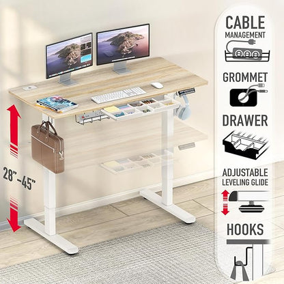 SHW 48-Inch Electric Height Adjustable Standing Desk with Drawer, Memory Preset and Cable Management Tray, Maple
