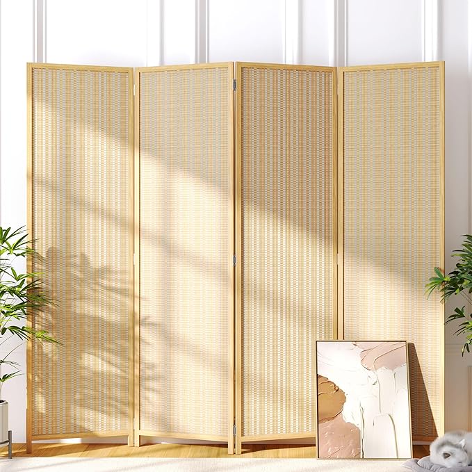 JOSTYLE Room Divider 4 Panel Folding Privacy Screen, Bamboo Room Divider Screen - 6 ft. Tall Wall Divider for Room Separation Freestanding Partition Separators, Beige