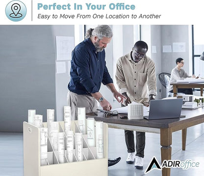 AdirOffice Adir Blue Print Storage Organizer - Mobile Roll File Cart, Construction Plan Holders, Blueprint Cabinet with Wheels, Roll Files Storage for Office and Home (21 Slots, White)