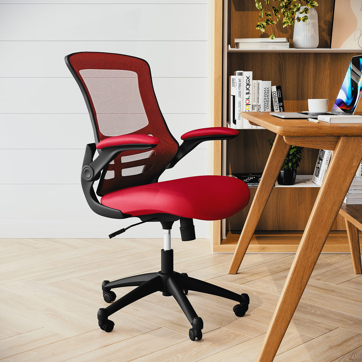 Mid-Back Red Mesh Swivel Ergonomic Task Office Chair with Flip-Up Arms