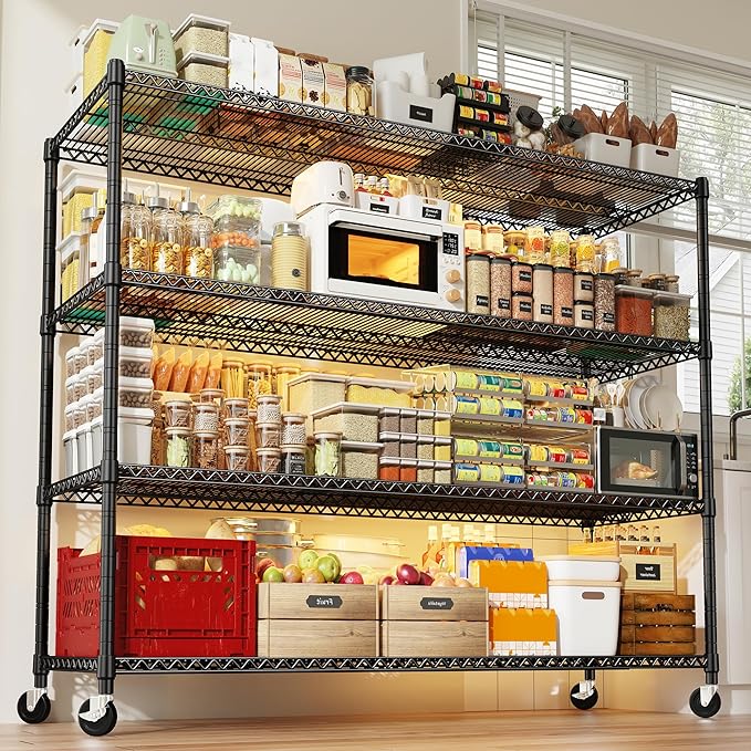 REIBII 60''W Storage Shelves 2399LBS Wire Shelving with Wheels Garage Shelving Heavy Duty Metal Shelves for Storage Rack Adjustable Shelf for Commercial Garage Kitchen, 60" W x 18" D x 65.5" H