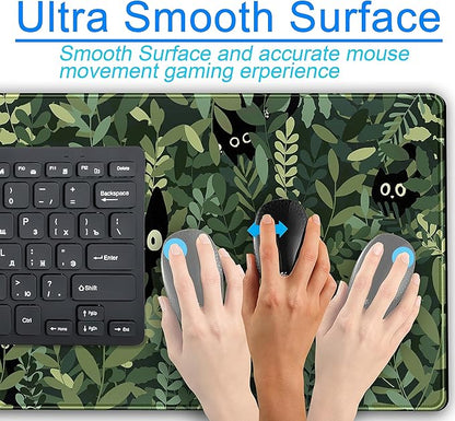 Cute Anime Cats Desk Mat Green Leaves Kawaii Mousepad XXL Extended Large Gaming Mouse Pad Cat, Aesthetic Extended Laptop Keyboard Mat Desk Pad for Women Office Gamer Girl Decor 31.5x15.75 in