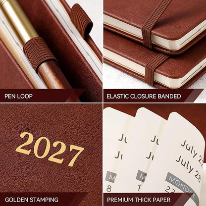 Vondafe 2027 Planner Weekly and Monthly, Jan. 2027 - Dec. 2027, 9" x 11" | Inner Pocket + Elastic Closure + Pen Loop + Bookmarks, Leather Hardcover, Brown, Calendar Planner 2027 for office planning
