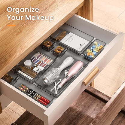 A-LuGei 【Military Grade】 Drawer Organizer, 【𝟱𝗦𝗶𝘇𝗲】 Clear Makeup organizer, 【Holds 177 Items】 Bathroom Organizers and Storage, Plastic Desk Organizer Divider, Organizer Bins for Office Vanity