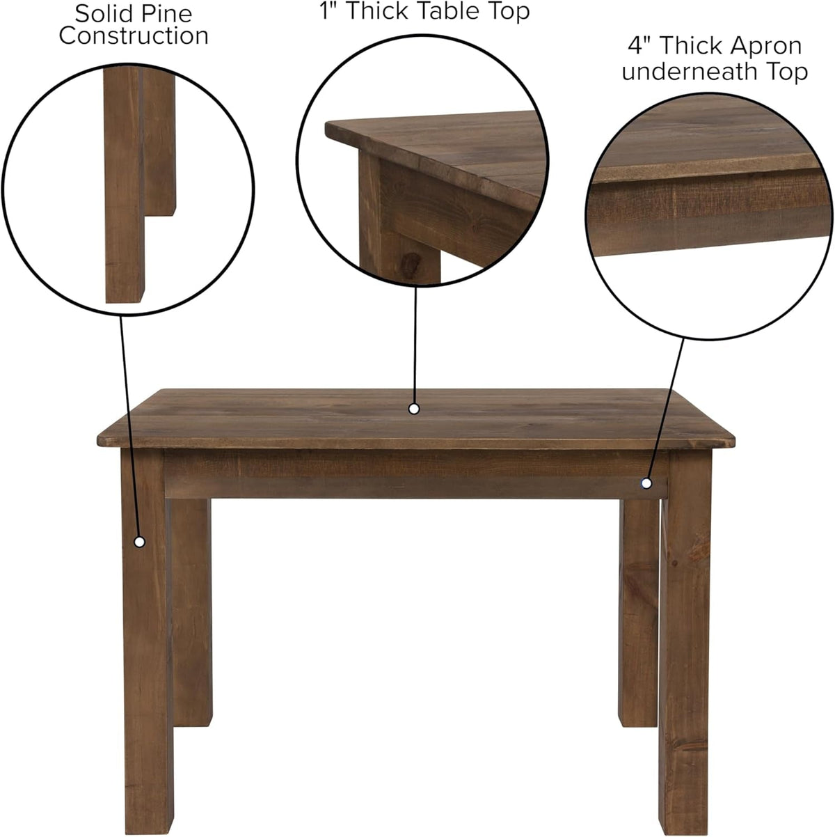 Jessamine 46" X 30" Rectangular Rustic Solid Pine Farm Dining Table, Antique Farmhouse Wooden Dining Table for Kitchens and Parties, Antique Rustic