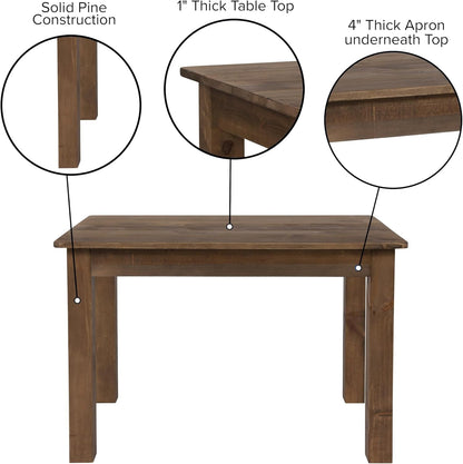 Jessamine 46" X 30" Rectangular Rustic Solid Pine Farm Dining Table, Antique Farmhouse Wooden Dining Table for Kitchens and Parties, Antique Rustic