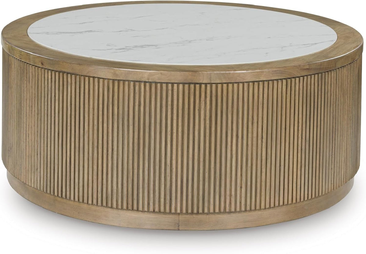 Camdill Casual Coffee Table with Faux Marble Tabletop and Casters, Light Brown & White