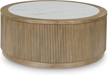 Camdill Casual Coffee Table with Faux Marble Tabletop and Casters, Light Brown & White