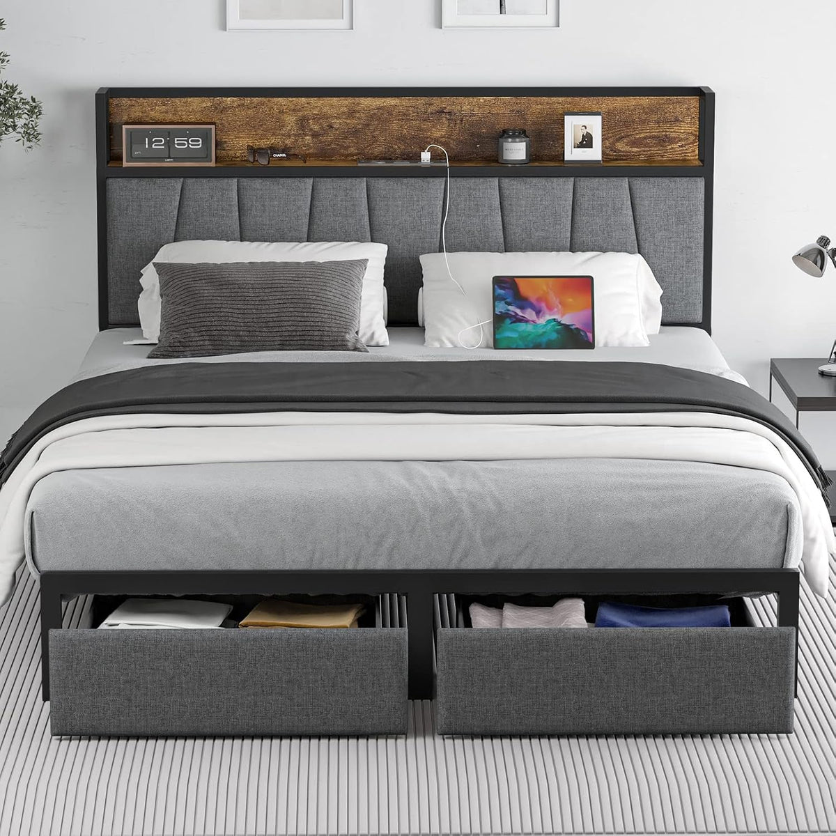 Queen Size Bed Frame with Headboard and Storage, Drawers Platform Bed Frame with Storage Chargin Station LED Light Bedframe, Heavy Duty, No Box Spring Needed