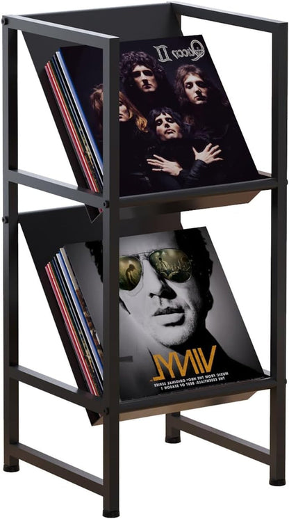Conceptual Design Vinyl Record Storage, 2 Tier Black Metal Record Holder, Stylish Storage Solution for Your Collection