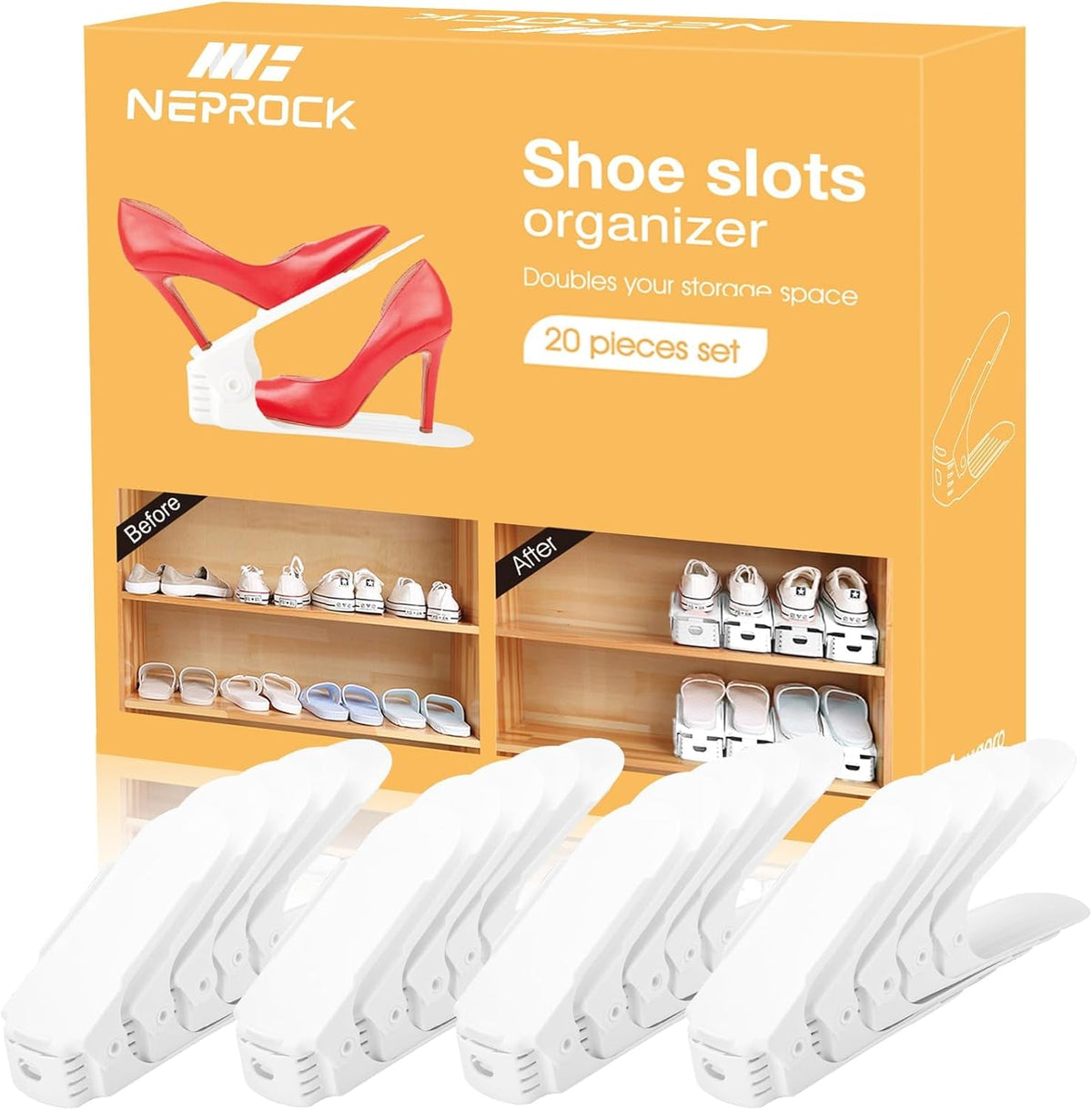 Shoe Slots Organizer, 20 Pack Adjustable Shoe Rack Stacker Storage Space Saver, Double Deck Shoe Rack Holder for Closet Organization (White)