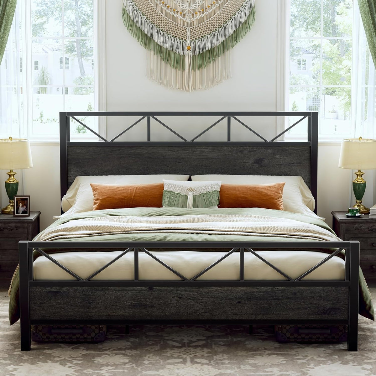 King Bed Frame, Tall Industrial Headboard 51.2 ", Platform Bed Frame with Strong Metal Support, Solid and Stable, Noise Free, No Box Spring Needed, Easy Assembly, Charcoal Grey