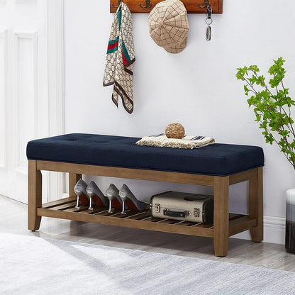 Large Rectangular Upholstered Tufted Linen Fabric Ottoman Bench, Padded Bench with Solid Wood Shelf-Navy Blue