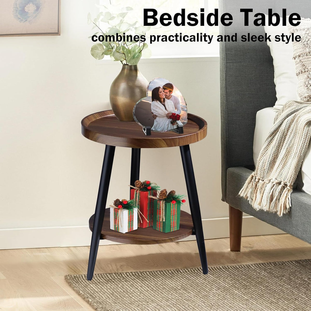 Small round Side Table, 2-Tier Mid Century Modern Side Table, round End Table Small End Table for Living Room, Metal Frames, Brown