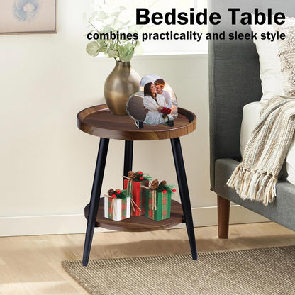 Small round Side Table, 2-Tier Mid Century Modern Side Table, round End Table Small End Table for Living Room, Metal Frames, Brown