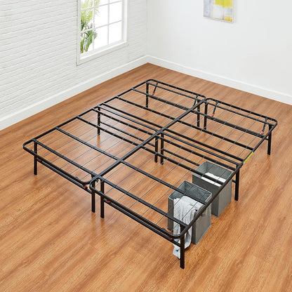 Bed Frame with Storage, Foldable Metal Platform, Sturdy Steel, No Box Spring Needed, 14-Inch High, Tool-Free Setup, Queen Size, Black