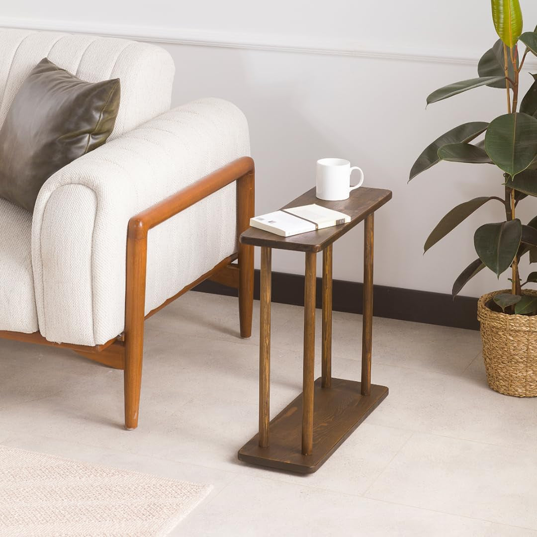 Rectangular Solid Pine Wood Narrow Side Table, Skinny Bedside Table, Small End Table (Dark Walnut, Medium)