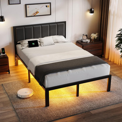 Full Bed Frame with Headboard Metal Platform Bed Full Size with USB Charging Station and LED Lights, No Box Spring Needed