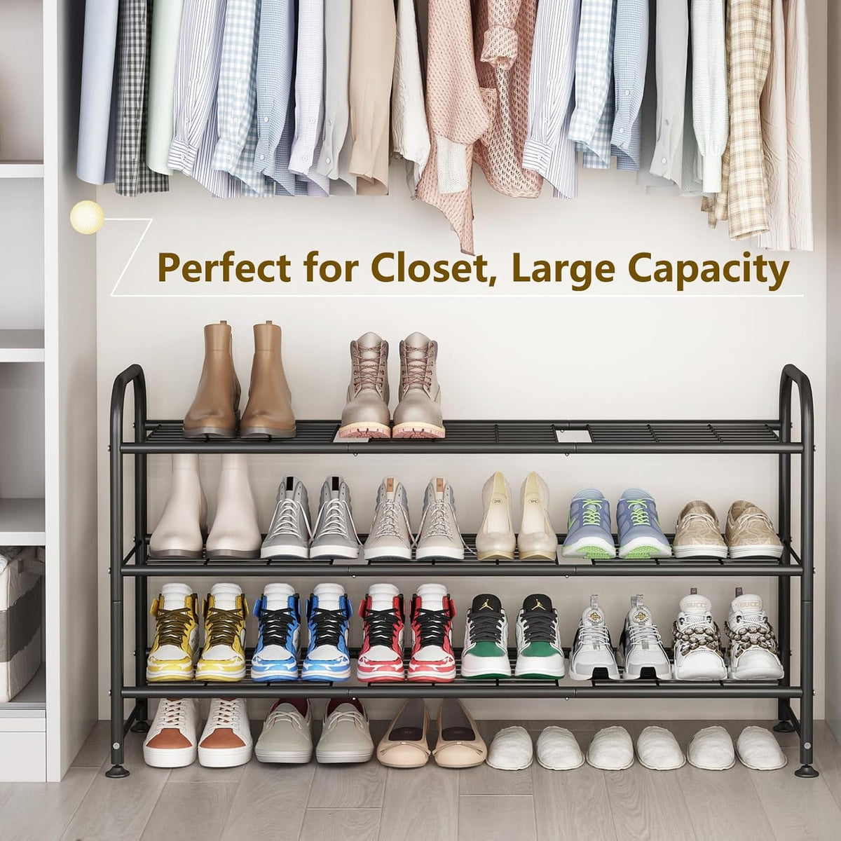 Shoe Rack 3 Tier Long Metal Shoe Organizer for Closet Entryway Black