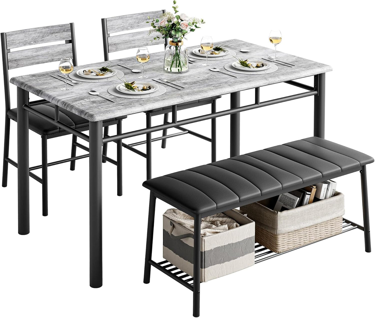 Dining Table Set for 4, Kitchen Table with Upholstered Bench and 2 Chairs, Kitchen Table and Chairs Set for Small Space, Apartment, Gray