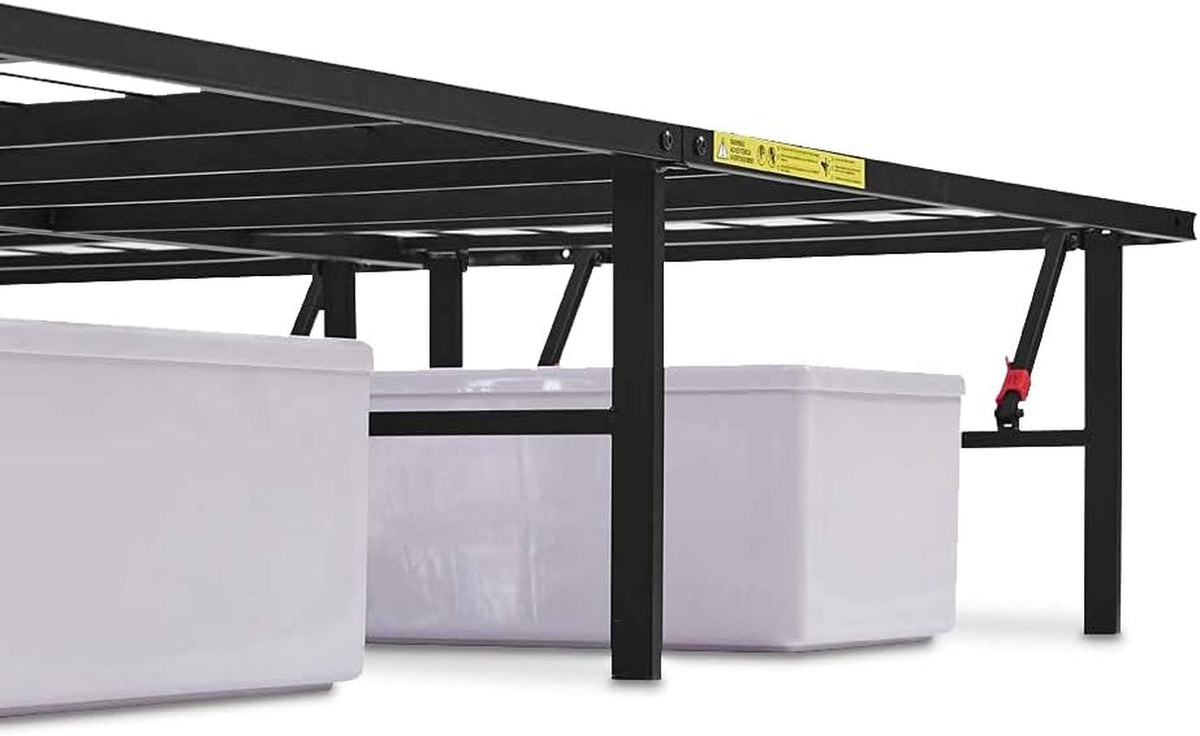 Bed Frame with Storage, Foldable Metal Platform, Sturdy Steel, No Box Spring Needed, 14-Inch High, Tool-Free Setup, Queen Size, Black
