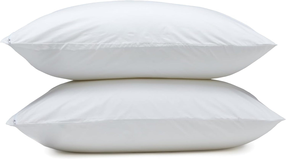down Alternative Bed Pillows and Pillow Protector Case 2-Piece Set, Medium Density, Standard - Pack of 2, White, 26"L X 20"W