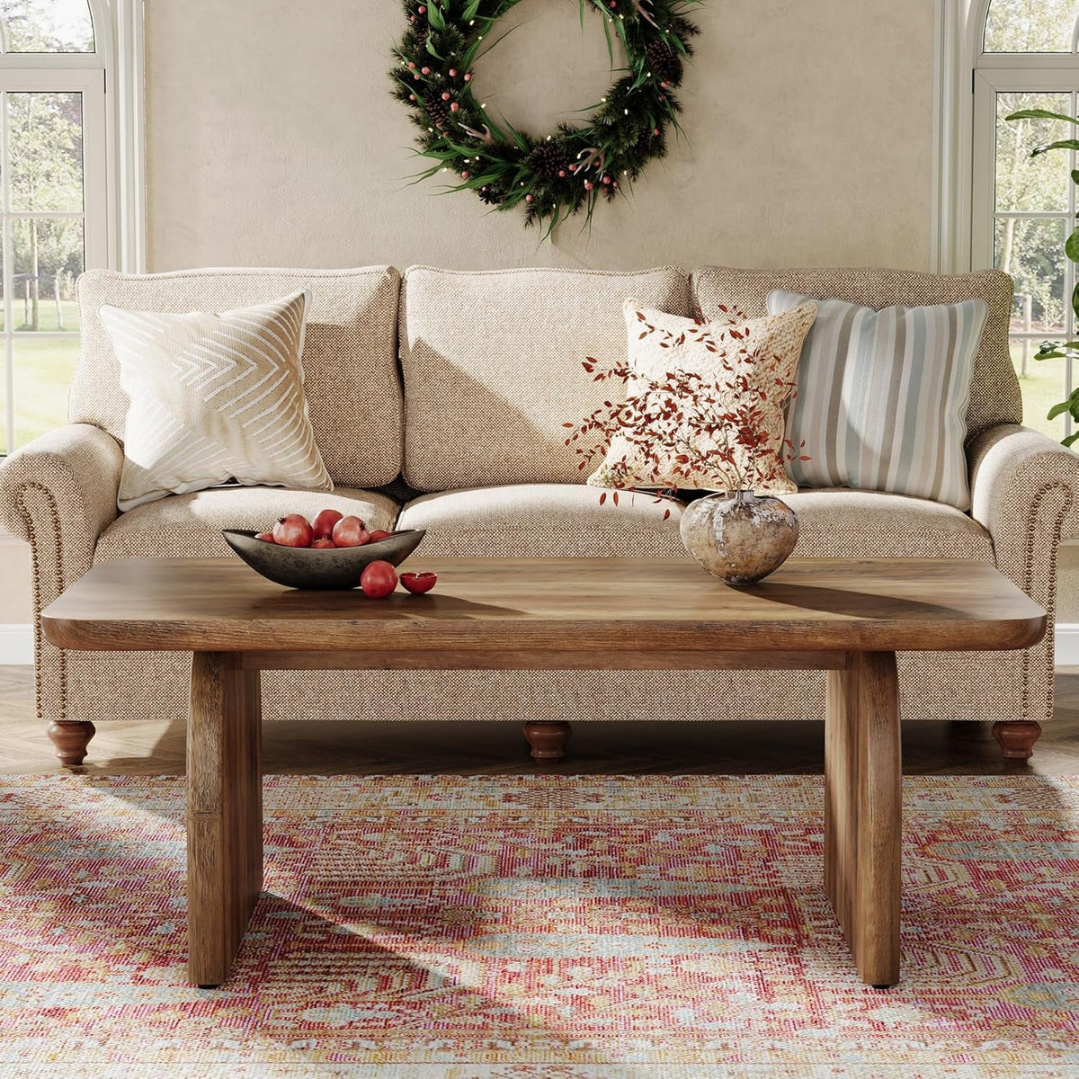 Rectangle Coffee Table, 47-Inch Wood Rectangular Living Room Table, Farmhouse Accent Center Low Cocktail Tea Table with Sturdy Base & Rounded Corners, Easy Assembly (Rustic Brown)