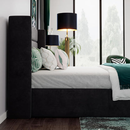 Queen Size Lift up Storage Bed/Velvet Upholstered/Modern Wingback Headboard/Upholstered Platform Bed Frame/Hydraulic Storage/No Box Spring Needed/Black
