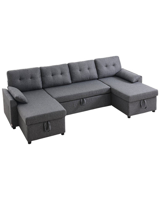 U Shaped Sofa Bed, Convertible Sofa Bed with 2 Side Pockets, 2 Pillows and Double Chaise, 6-Seat Pull Out Sleeper Couch with Large Storage Capacity for Living Room, Apartment, Metal Frame, Gray