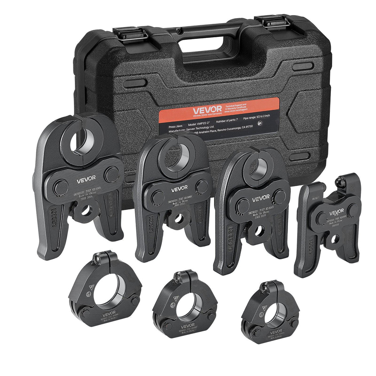 7PCS VMP Pressing Kit 1/2" to 2" - 3PCS Press Jaws, 3PCS Press Rings, 1PCS Actuator - Compatible with Megapress Carbon Steel Pipes, Work with 32KN Standard Press Tools - with Case