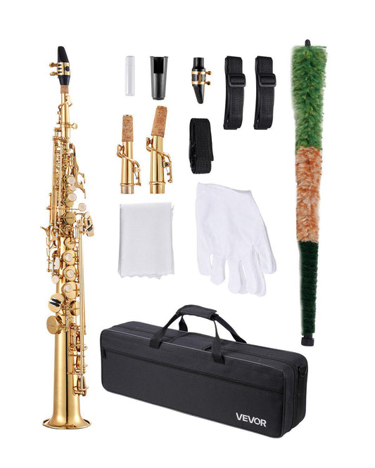 Straight Soprano Saxophone, B Flat, Brass Saxophone Beginner Kit with Carrying Case, Mouthpiece, Cleaning Cloth Rod, Gloves, Neck Strap, 23 Keys Soprano Sax Kit, for Beginners Students, Gold